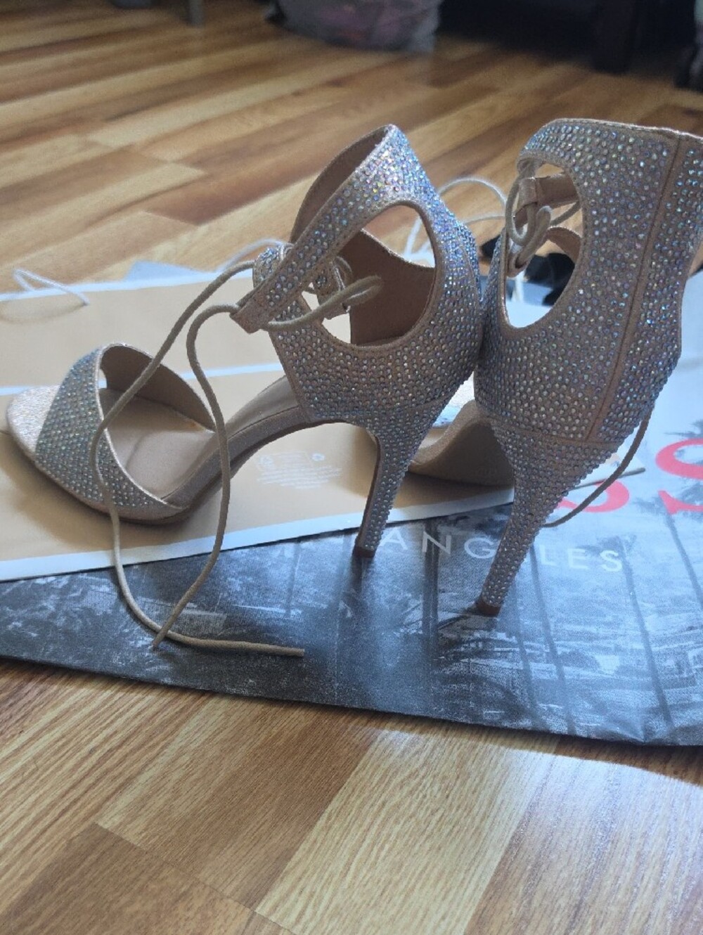 Women’s Sparkle Open-Toe High Heels with Ankle Tie - Champagne - Picture 5 of 5